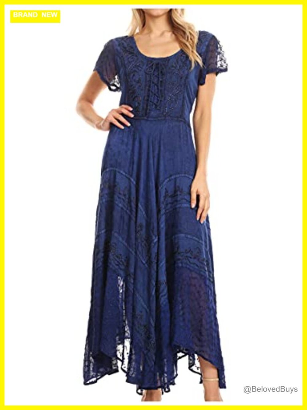 Sakkas Marigold Embroidered Fairy Dress Stonewashed Rayon Midi